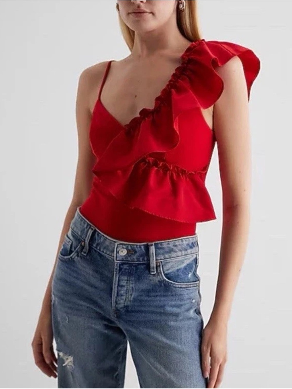 NWT Express One-Shoulder Ruffled Red Bodysuit- Size L